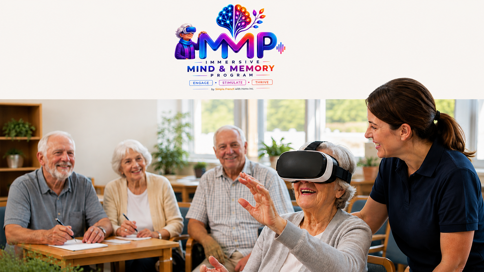 An older adult being assisted with a Immersive Mind & Memory Program (IMMP) headset